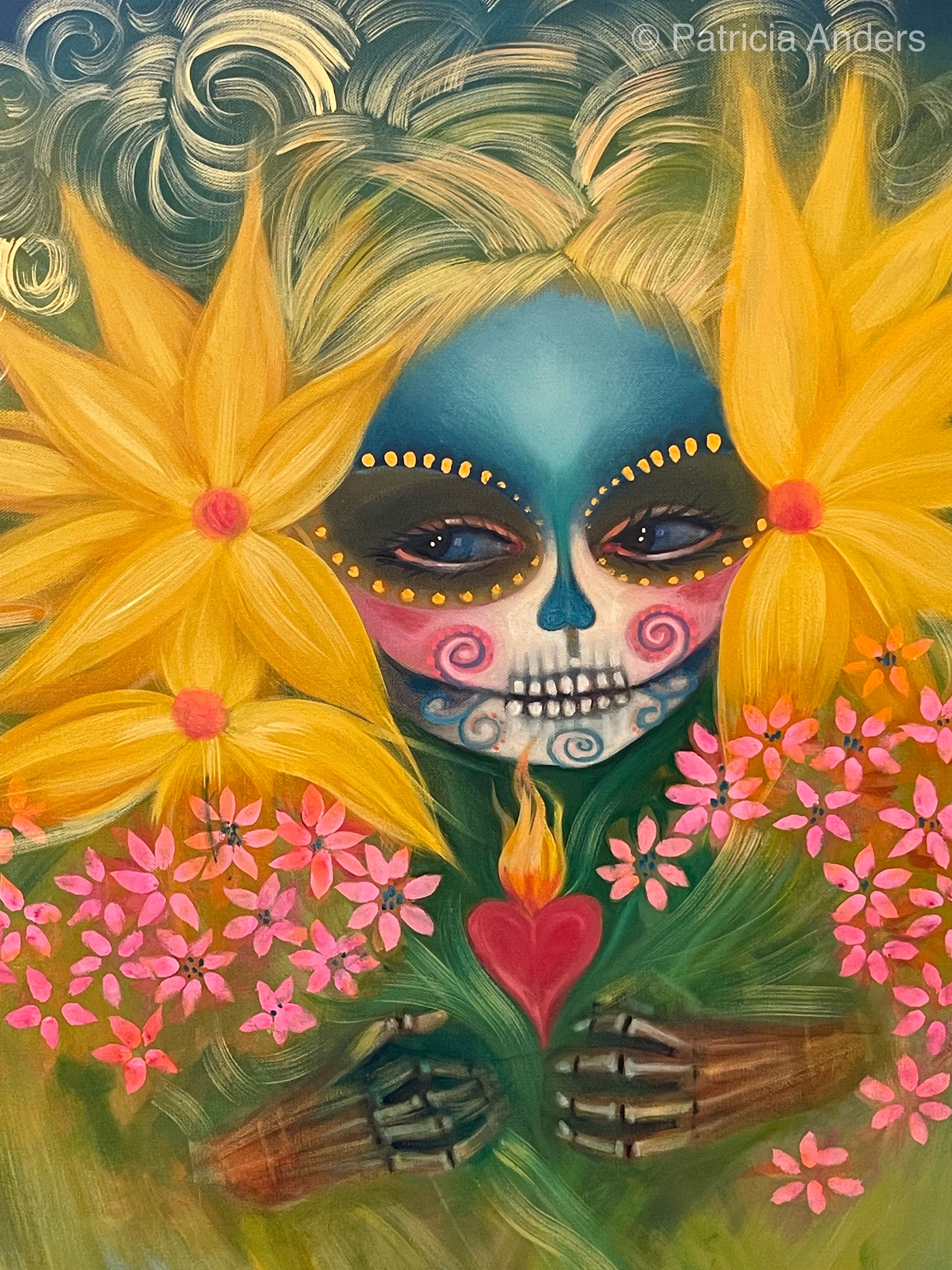 A Day of the Dead-inspired oil painting featuring a skeletal woman with traditional calavera face paint in teal and pink, surrounded by golden sunflowers and pink blossoms, cradling a flaming red heart against swirling green and teal brushstrokes.